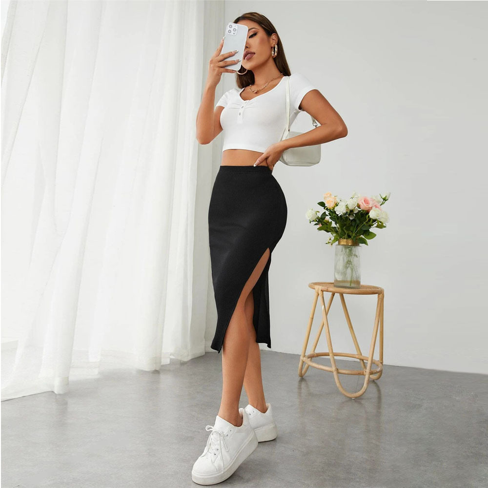 Elastic Waist Pencil Skirt High Split Comfortable Fit Elegant Style Perfect for Office or Casual Wear Wholesale