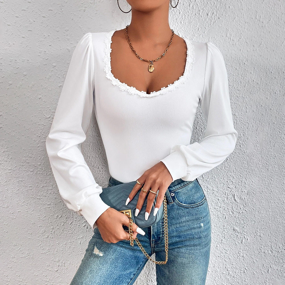Womens V Neck Puff Sleeve T Shirt Slim Fit Lace Trim Fashionable Versatile Spring Summer Style Wholesale