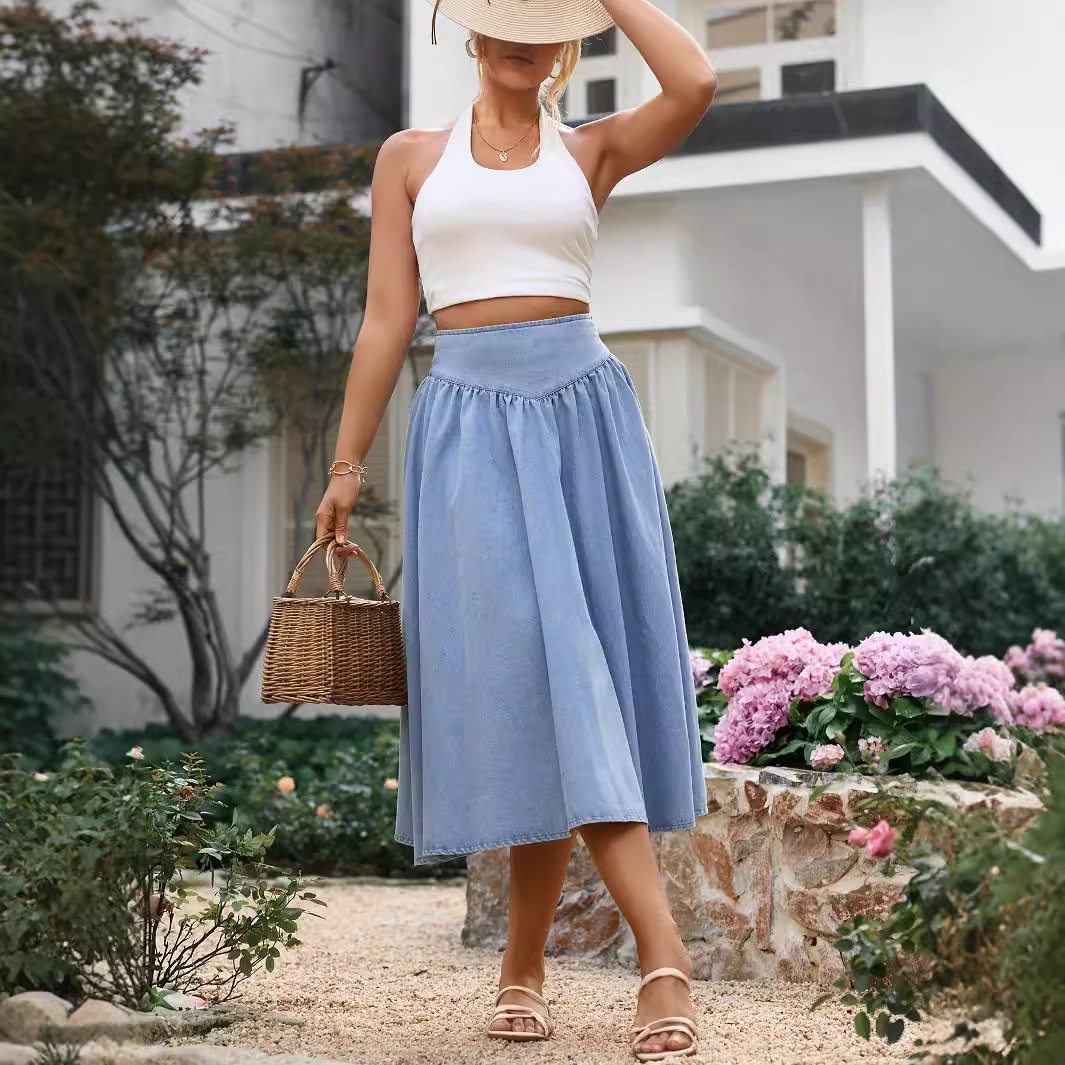 Elegant Long A Line Denim Skirt Slim Fit High Waist Classic Style Perfect for Casual Outings Wholesale Available