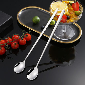 Long-Handled Ice Spoon, 304 Stainless Steel Tableware, Korean-Style Spoon, High-Value Ice Round Spoon, Western-Style Dessert Stirring Spoon, Thickened