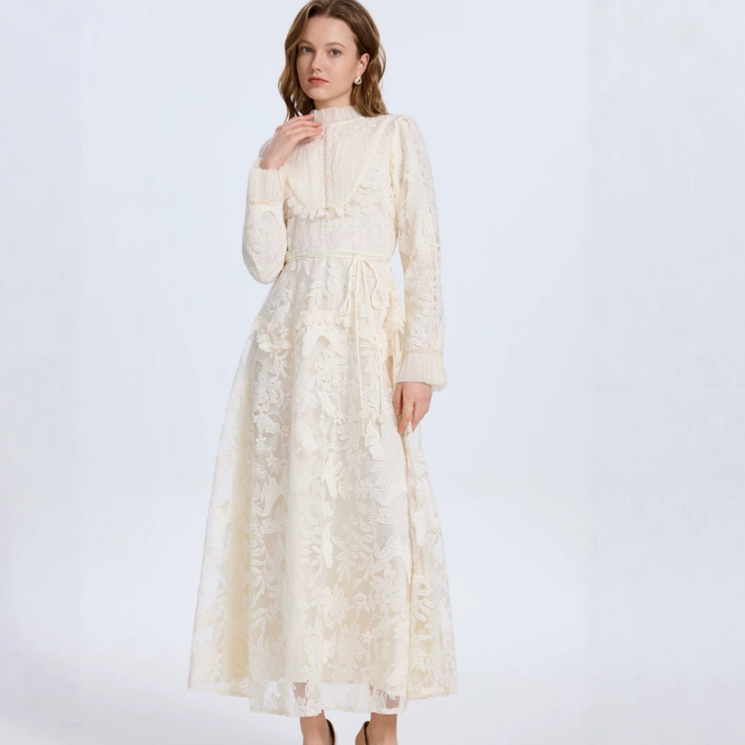 Embroidered Mesh Panel Dress Pleated Design Beaded Details Elegant Waist Belt Formal Occasion Customizable Options