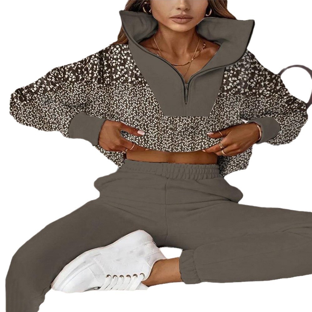 Womens Winter Casual Polka Dot Zip Up Set Stylish Collar Comfortable Fit Trendy Design Perfect for Everyday Wear