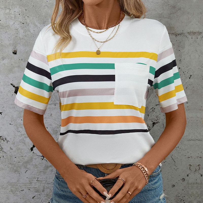 Colorful Striped Short Sleeve T Shirt for Women Summer Style Casual Fit Comfortable Fabric Wholesale Available