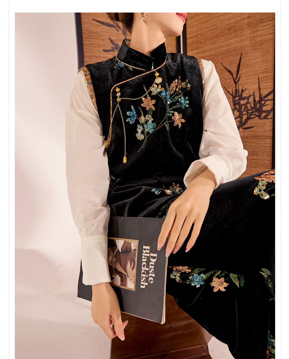 Bộ vest và chân váy dài dáng đuôi cá thêu hoa đính sequin sang trọng — Váy thêu (giao hàng trong 7 ngày), Váy thêu (giao hàng trong ngày), Áo vest thêu (giao hàng trong 7 ngày), Áo vest thêu (giao hàng trong ngày)
