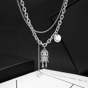 New Movable Robot Rhinestone Necklace Double Layer Stacked Wear Hip-hop Cold Style All-match Sweater Chain Sweater Accessories