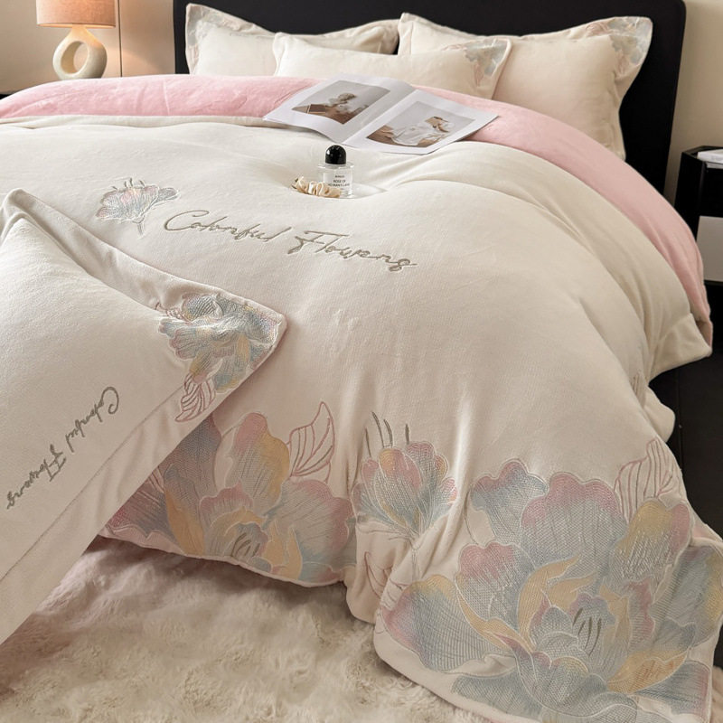 New Milk Velvet Embroider Technology Warm Winter Thickened Four-Piece Bedding Set Student Dormitory Three-Piece Set