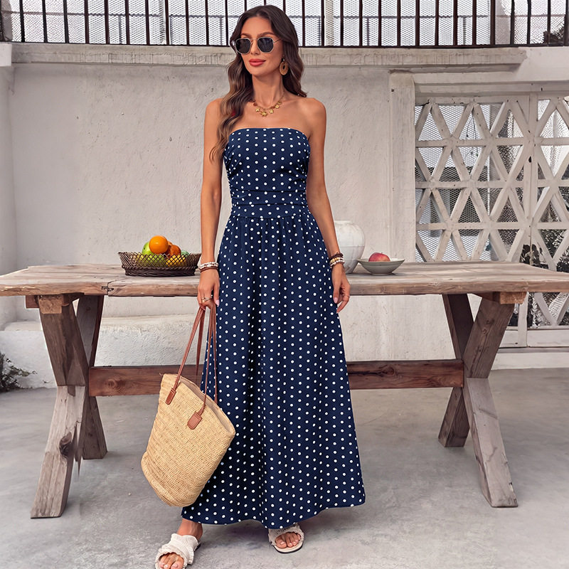 French Style Sleeveless Maxi Dress Polka Dot Design Elegant Vacation Wear Perfect for Summer Events Wholesale