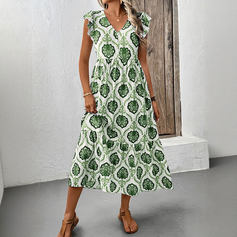 Vintage Inspired Geometric Print Sleeveless Ruffle Dress Unique Design Trendy Style Perfect for Summer Events