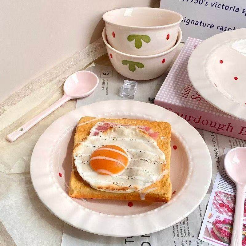 Pink Girly Heart Fruit Strawberry Lace Plate Ceramic Tableware Set Straw Hat Plate Bowl Rice Household Cute Ceramic