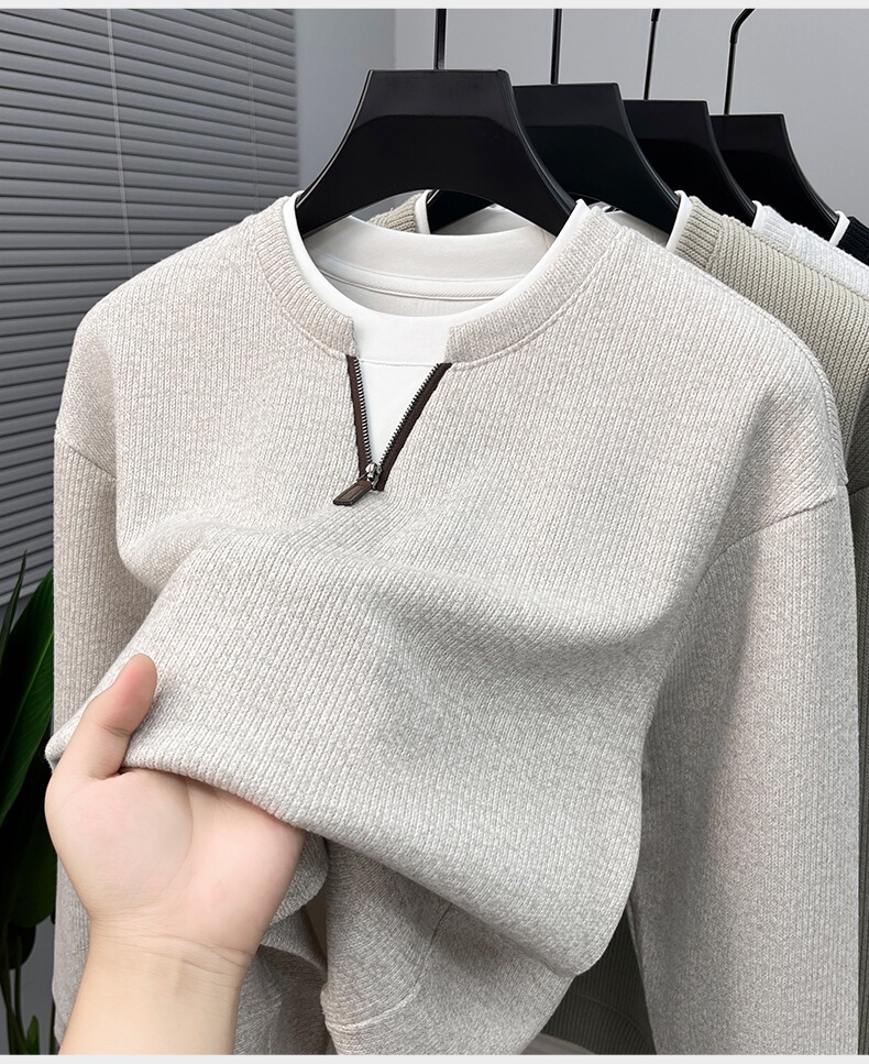 Áo nỉ dệt kim nam khóa kéo nửa thân cổ đứng phong cách công sở — Xanh đen, Màu trắng ngà, Xám nhạt, Xanh đậu