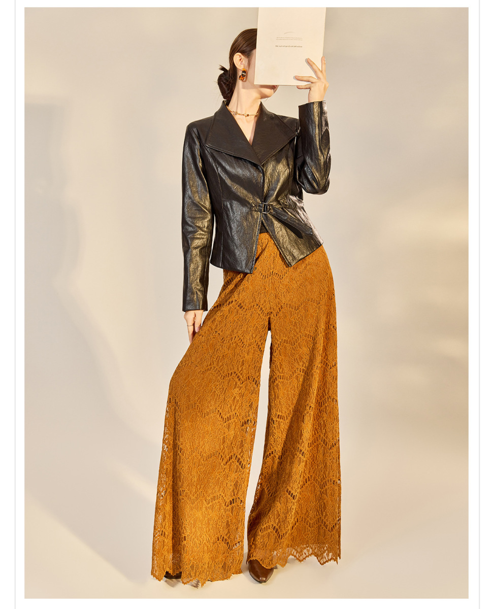 Áo khoác da nữ dáng ngắn cổ chữ V buộc dây phong cách retro — Đen Mộc Ngọc (giao hàng trong 7 ngày), Đen Mực Ngọc (Giao hàng trong ngày)
