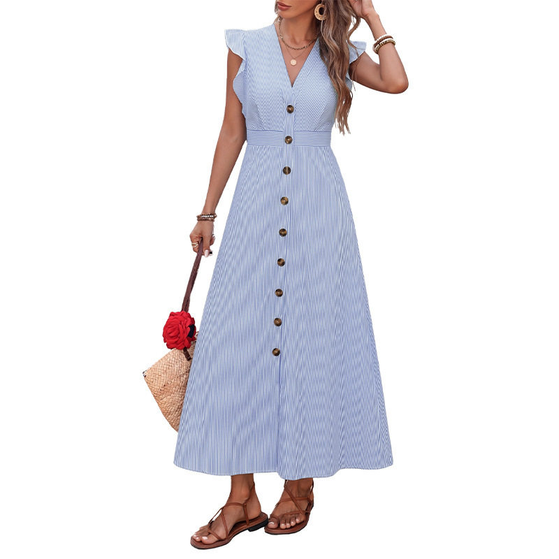 Striped Ruffled Sleeve Dress Fresh and Sweet Style Waist Defined Silhouette Perfect for Spring Summer Events