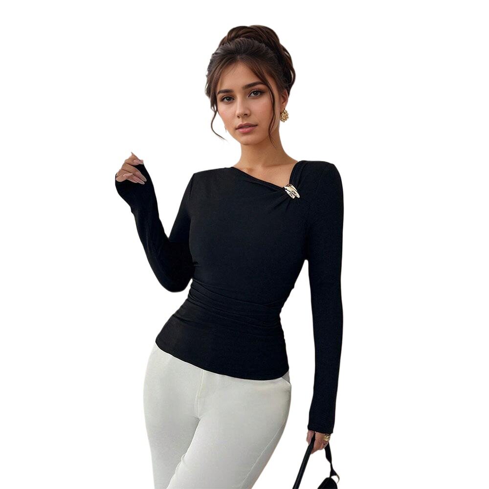 Asymmetrical Neck Long Sleeve Blouse Pleated Design Slim Fit Elegant Style Perfect for Spring and Autumn Wholesale