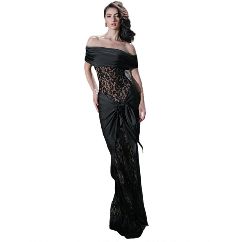 Womens Long Lace Patchwork Off Shoulder Dress Slim Fit Elegant Autumn Fashion Wholesale Available