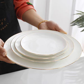 Manufacturer Wholesale Household Pure White Hotel Ceramic Dinner Plate with Gold Rim Western Steak Moonlight Plate Holiday Gift Bone China Plate