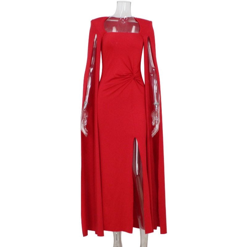 Elegant Long Dress Square Neck Water Sleeve Waist Cinching Solid Color Sexy Design Perfect for Red Carpet Events