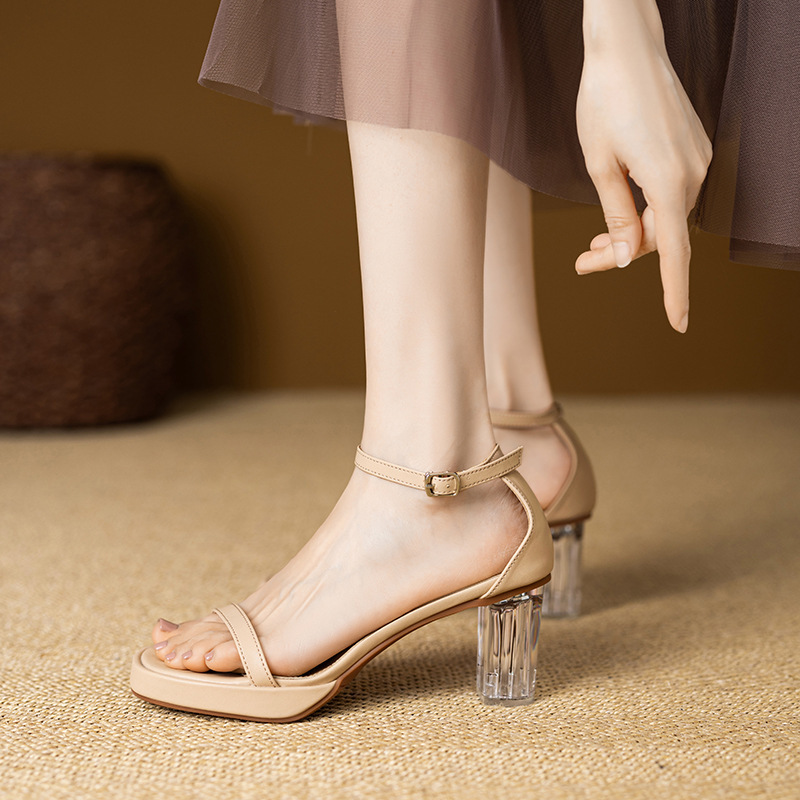 Sandal cao gót nữ quai ngang mũi vuông gót thô phối da bóng — Bạc 10CM, Bạc 12cm, Bạc 8CM, Màu be 10CM