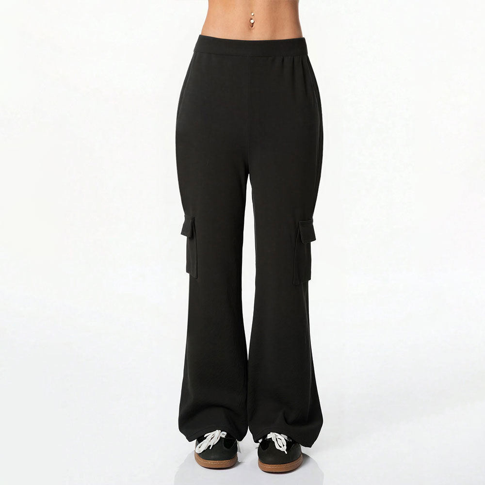 Womens Black Flared Trousers Elastic Waist Side Pockets Casual Style Perfect for Spring and Autumn Wholesale