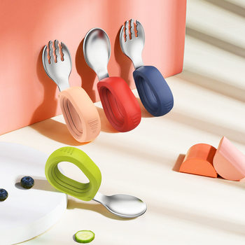 Fruit stainless steel baby spoon fork silicone short handle spoon fork suit 1-year-old kindergarten self-feeding