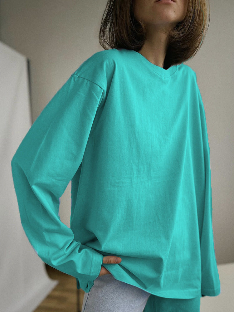 Womens Long Sleeve T Shirt Solid Color Oversized Fit 100 Cotton Casual Everyday Wear Wholesale Available