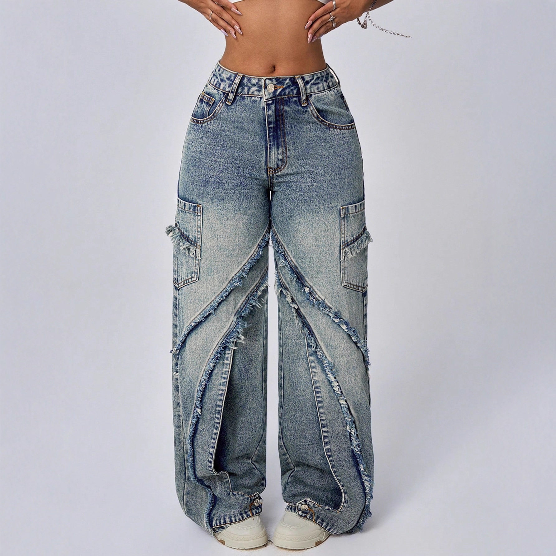 Wide Leg Denim Trousers Distressed Hem Patchwork Design Loose Fit Casual Wear for Women Wholesale Available