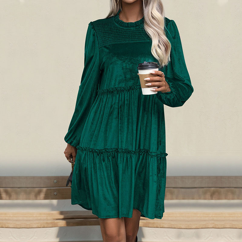 Green Velvet Dress Elegant Autumn Style Perfect for Christmas Celebrations Wholesale Available