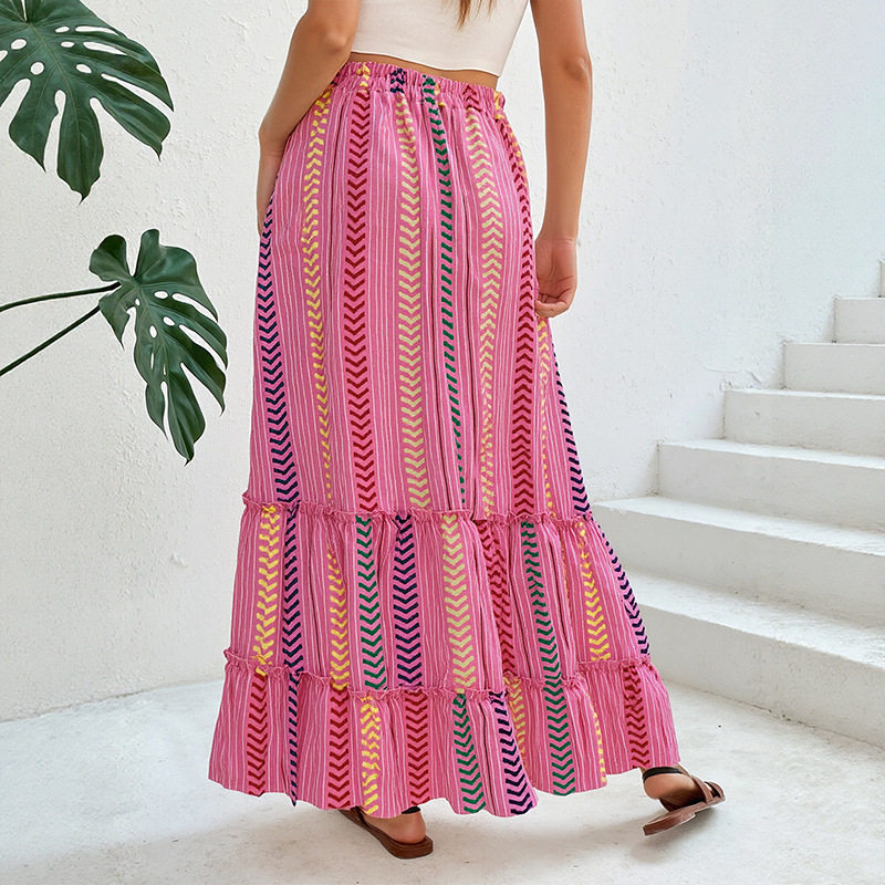 Bohemian Striped Print Skirt Summer Vacation Style Drawstring Tassel Details Lightweight Fabric Wholesale Available