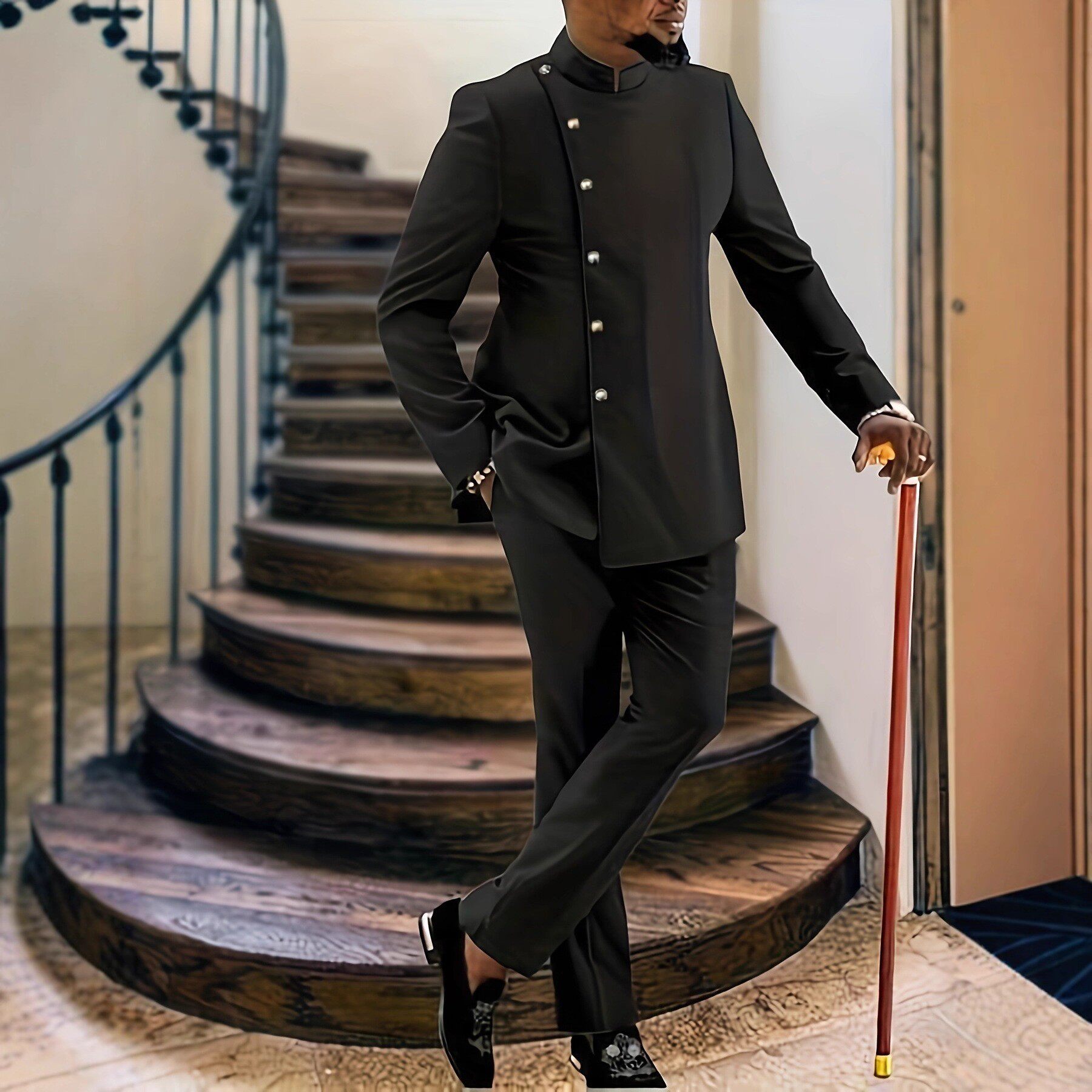 传统外贸非洲风格男士结婚新西装2件套圆领长袖上衣加裤子外贸