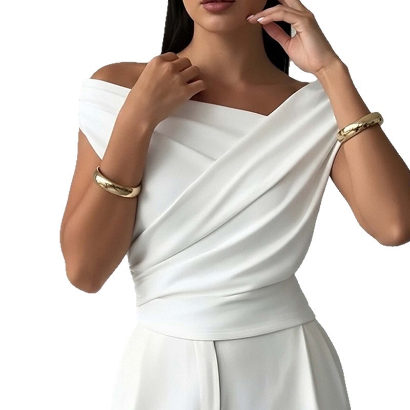 Womens Spring Short Top Fashionable Solid Color Asymmetrical Neckline Ruffled Design Casual Wear Wholesale