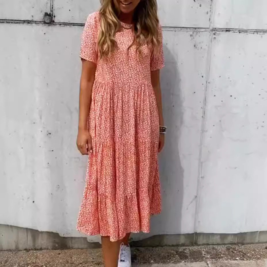 Floral Print Short Sleeve Dress Round Neck Summer Style Casual Wear Wholesale Available low MOQ