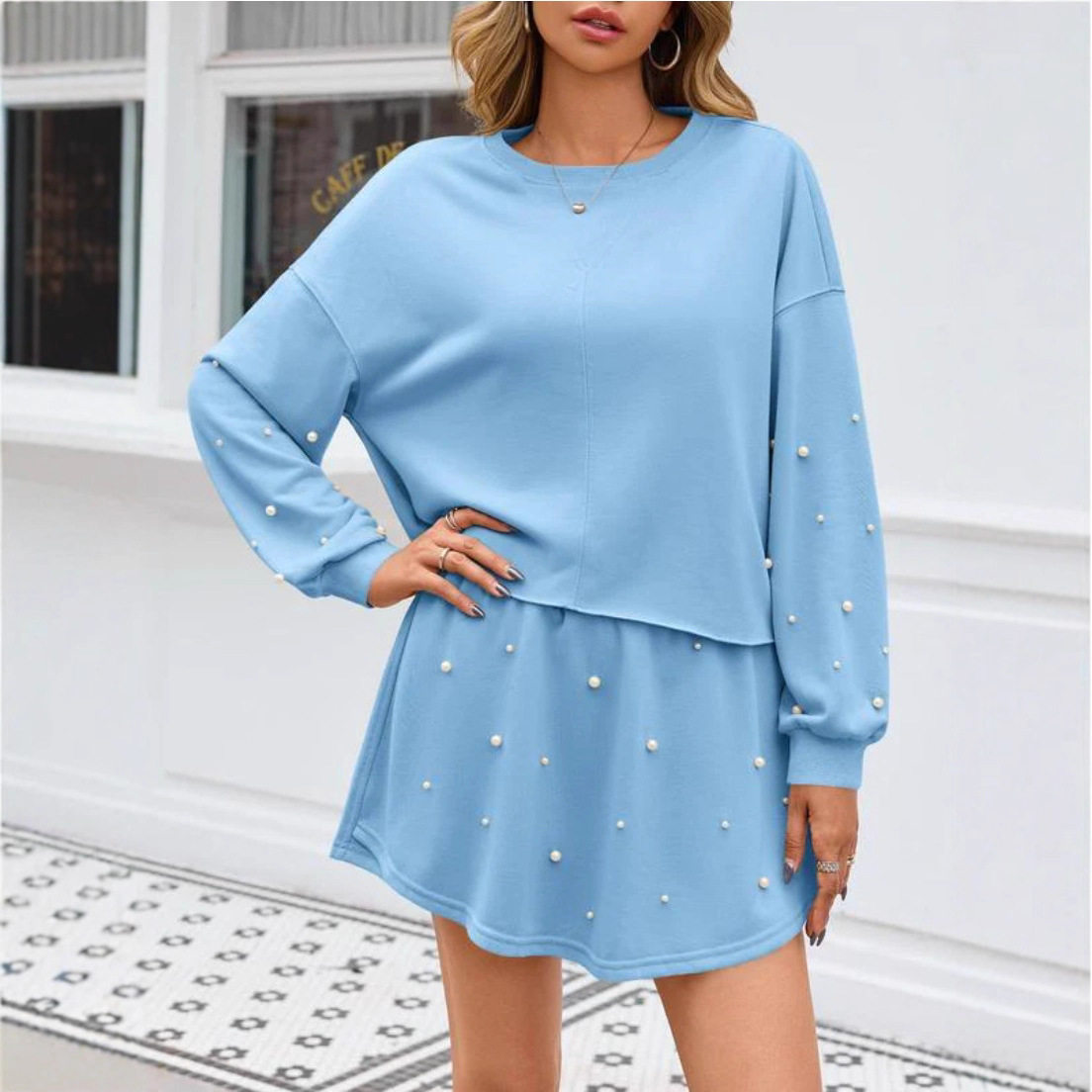 Womens Summer Pearl Embellished Set Elegant Versatile Long Sleeve Round Neck Solid Color Perfect for Casual or