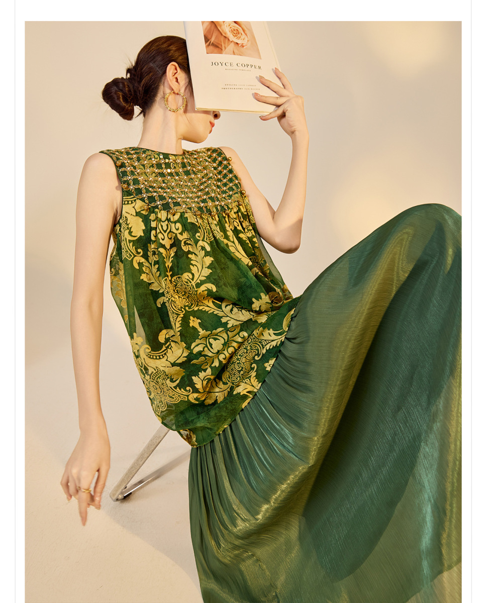 Đầm maxi nữ dài không tay cổ tròn đính cườm thêu hoa dáng tiên nữ — màu vàng kim, Xanh lá cây