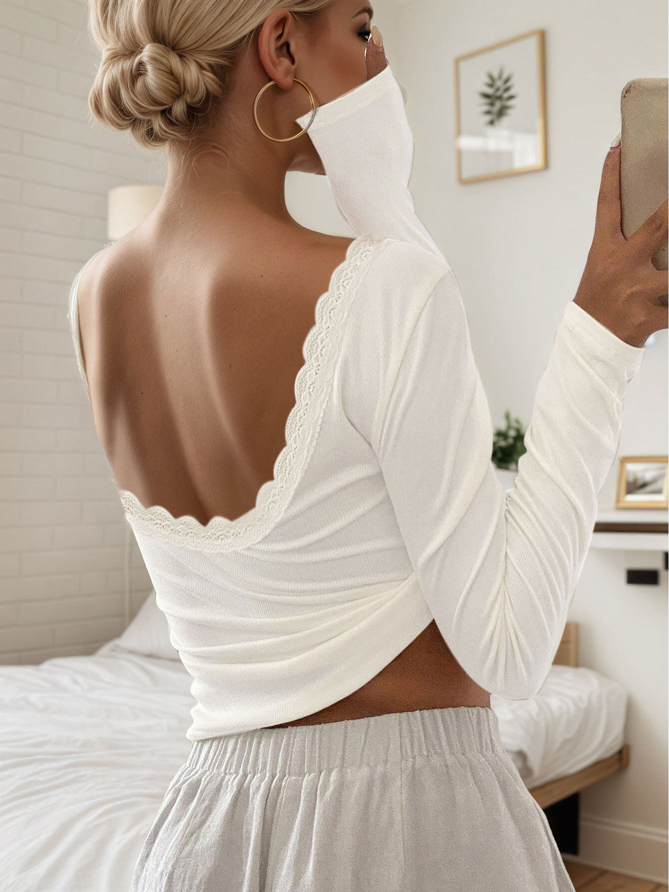 Lace Panel Long Sleeve Top Sexy Slim Fit Backless Design Ribbed Texture Perfect for Parties and Night Out Wholesale