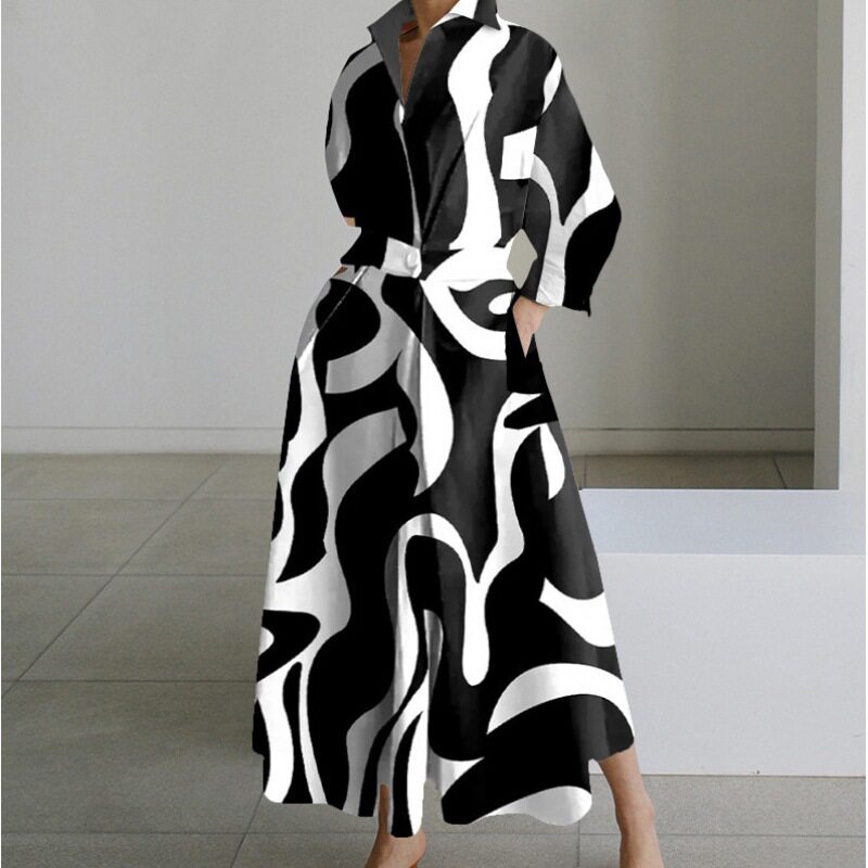 Plus Size Fashionable Polo Collar Dress Loose Fit Three Quarter Sleeves Flared Hem Ideal for Commuting Wholesale