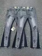 CH Trendy Brand New Vintage Leather Cross Label Denim Flared Pants Washed Old Stitching Jeans High Street Pants