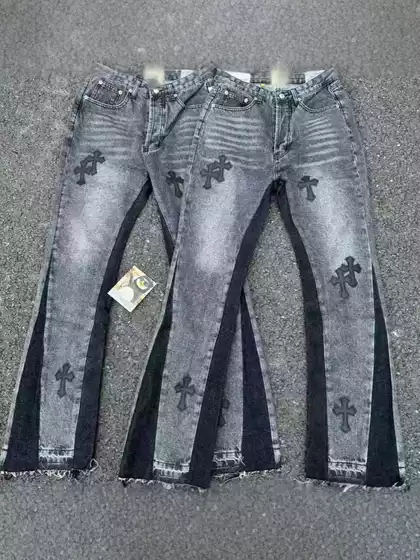 CH Trendy Brand New Vintage Leather Cross Label Denim Flared Pants Washed Old Stitching Jeans High Street Pants