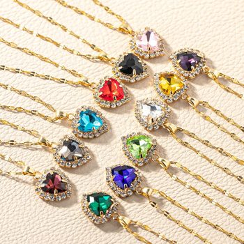 European and American Cross-Border Hot Selling Twelve Birthstone Necklaces, High-End Neck Ornaments, Micro-Encrusted Zircon Love-Shaped Clavicle Chains Wholesale
