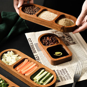 Lychee Sea three-grid dish Korean style solid wood dipping sauce home breakfast creative barbecue hot pot Pickles seasoning dish