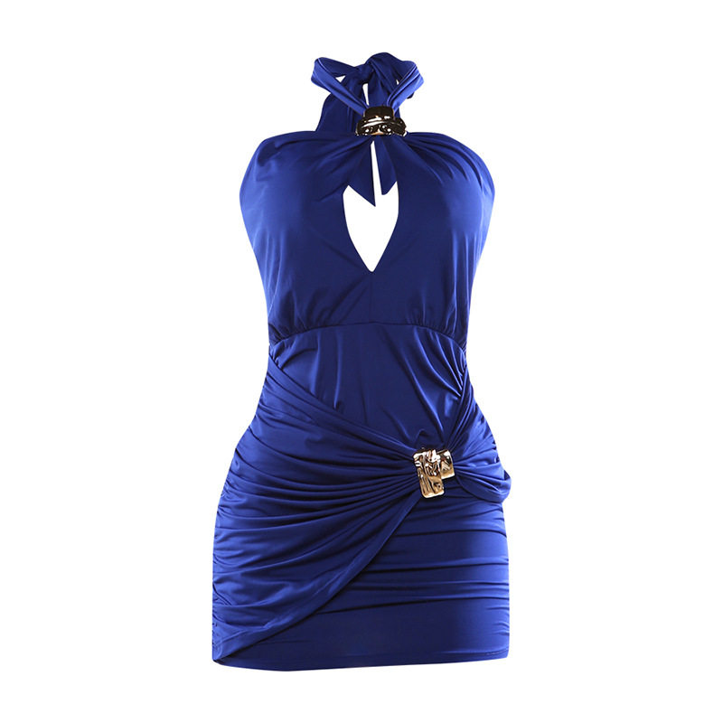 Womens Bodycon Dress Stylish Halter Neck Metal Buckle Solid Color Pleated Design Perfect for Fall and Winter