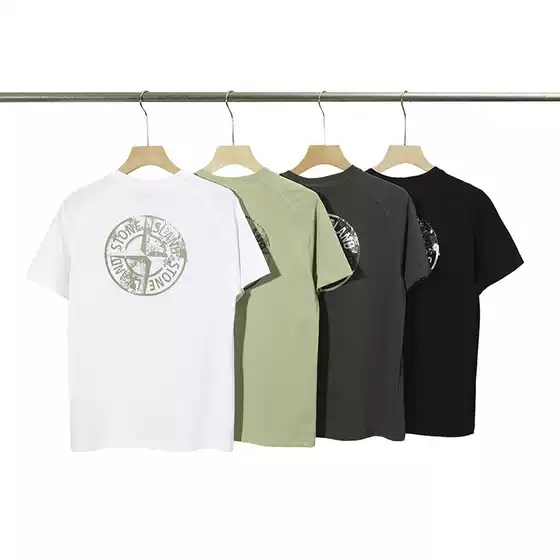 Cross-Border Foreign Trade Stone Island Compass Embroidery Logo Printed Lettering Round Neck Raglan Short-Sleeve T-Shirt Loose Fit