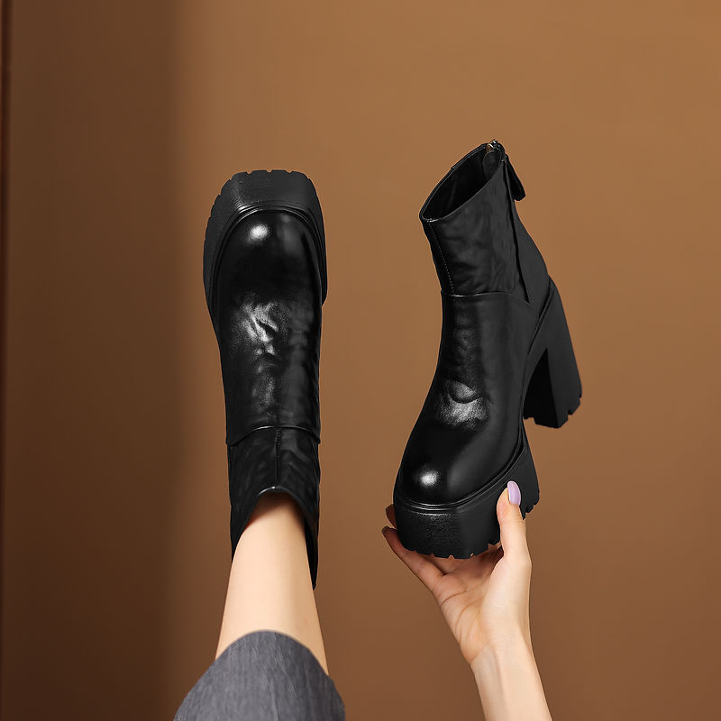 Boot Martin nữ gót thô 12cm đế platform tăng chiều cao, da bò thật — Lớp lót đơn màu đen, Lớp lót đơn màu nâu, Lót nhung đen, Lót nhung màu nâu