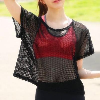 Mesh T Shirt Sexy Sheer Breathable Quick Dry Fabric Casual Yoga and Dance Wear Wholesale Available