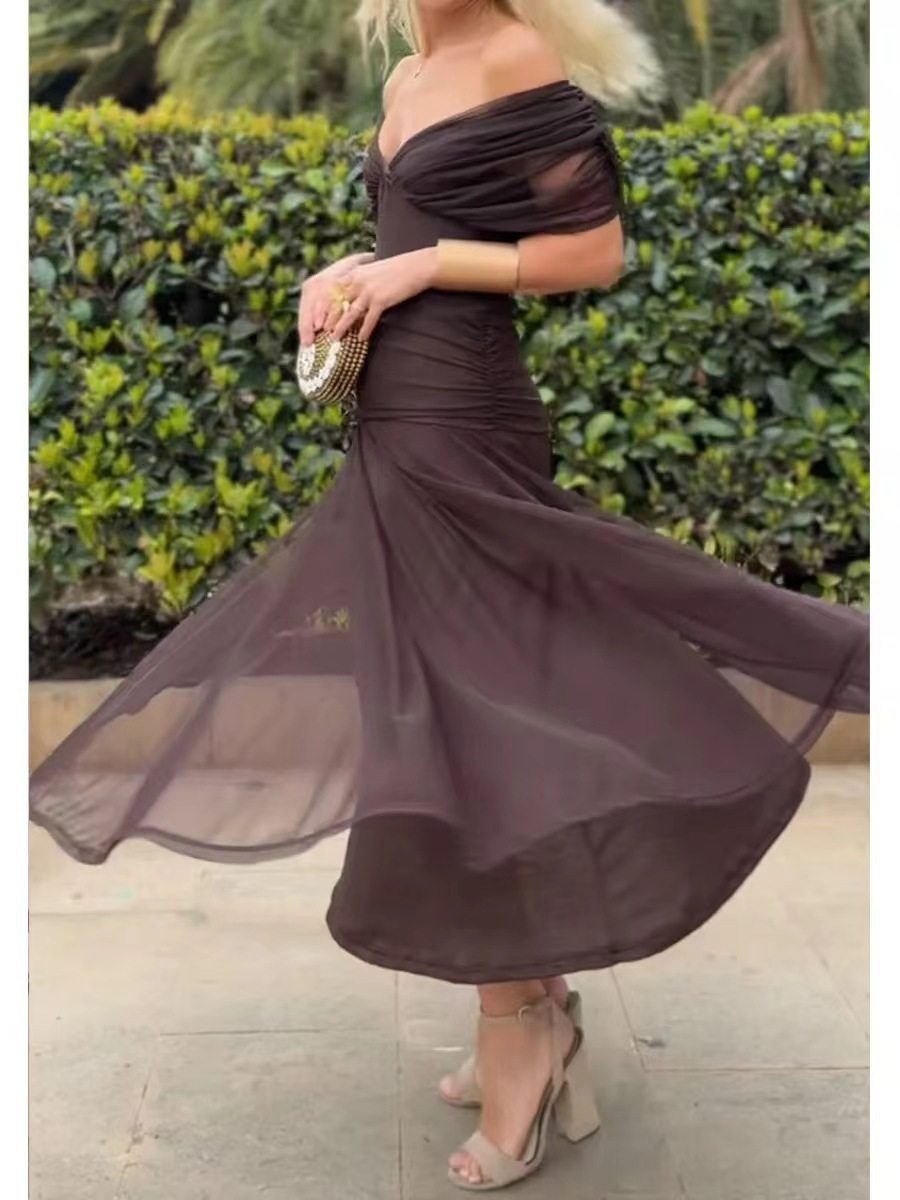 2025欧美风ins跨境女装独立站爆款雪纺印花新款露肩裹胸连衣裙女