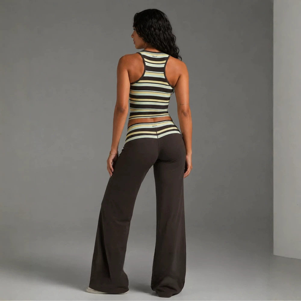 Sleeveless U Neck Striped Top and Long Pants Set Slim Fit Casual Style Summer Wear Wholesale Available