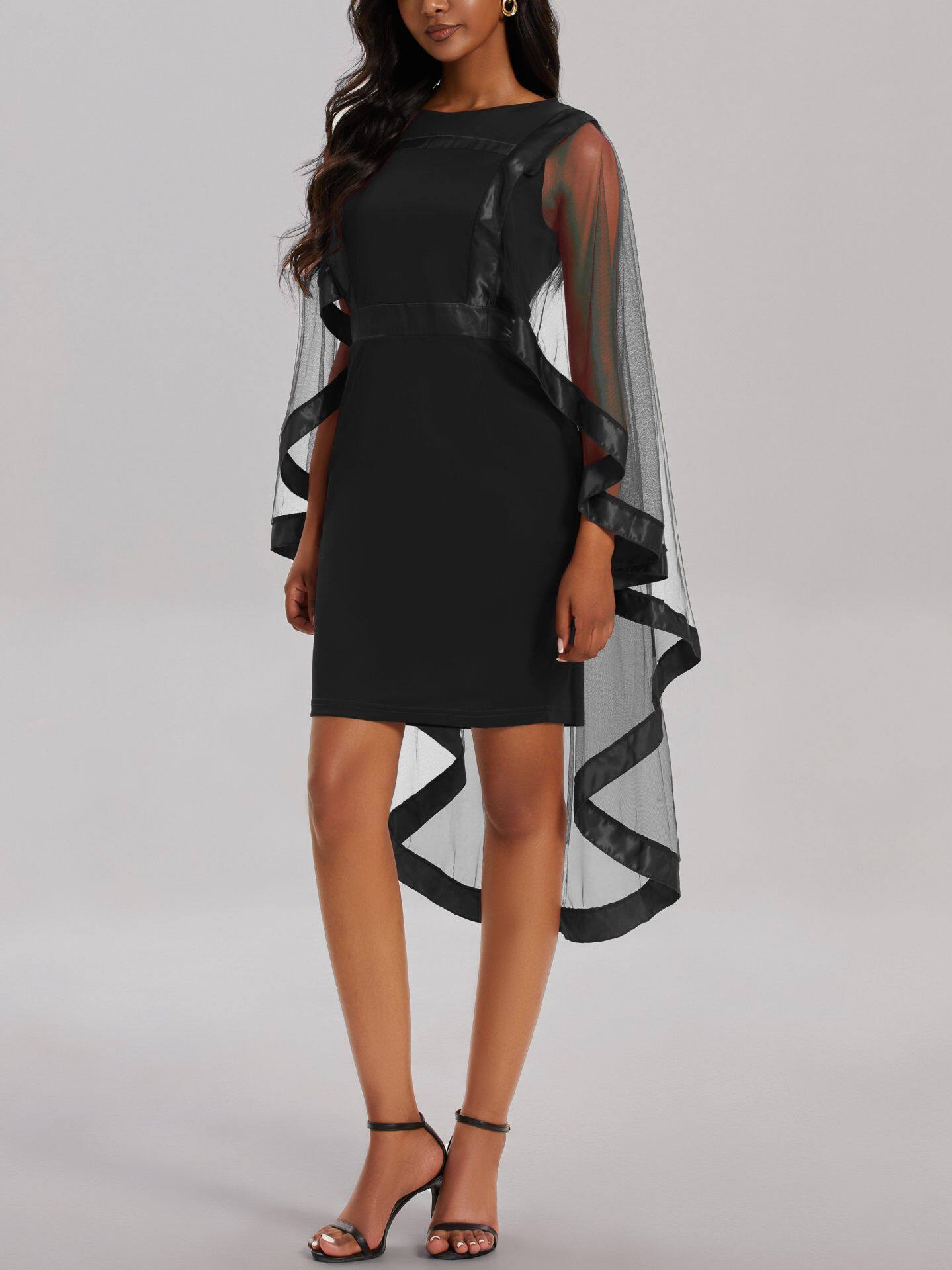 Sheer Mesh Dress Elegant Round Neck Plus Size Solid Color Fashionable Design Perfect for Parties and Special