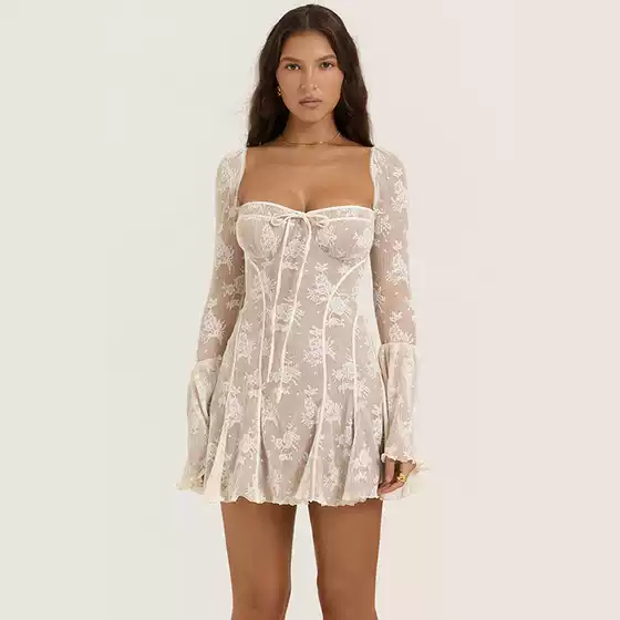2026 European and American Summer New Women's Fashion Elegant Slim-Fit Lace Bell-Sleeve Tie A-Line Dress for Women