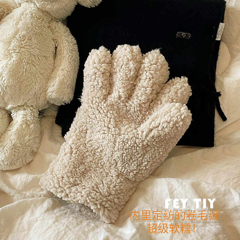 Super Warm Chestnut Color Finger Gloves for Autumn and Winter Outdoor Cycling Northern Ski Windproof Lamb Plush Suede Gloves