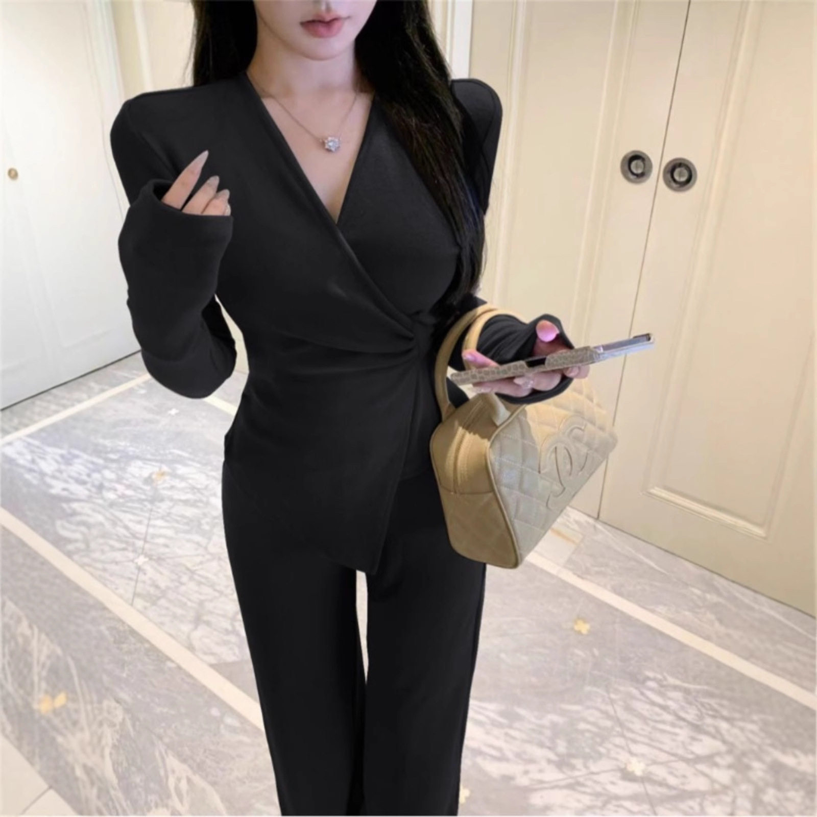 Casual Suit, Asymmetrical Slim Fit, Cross V-Neck, Long Sleeves, Fashionable Autum Wear, Micro-Flared Wide-Leg Pants Two-Piece Set