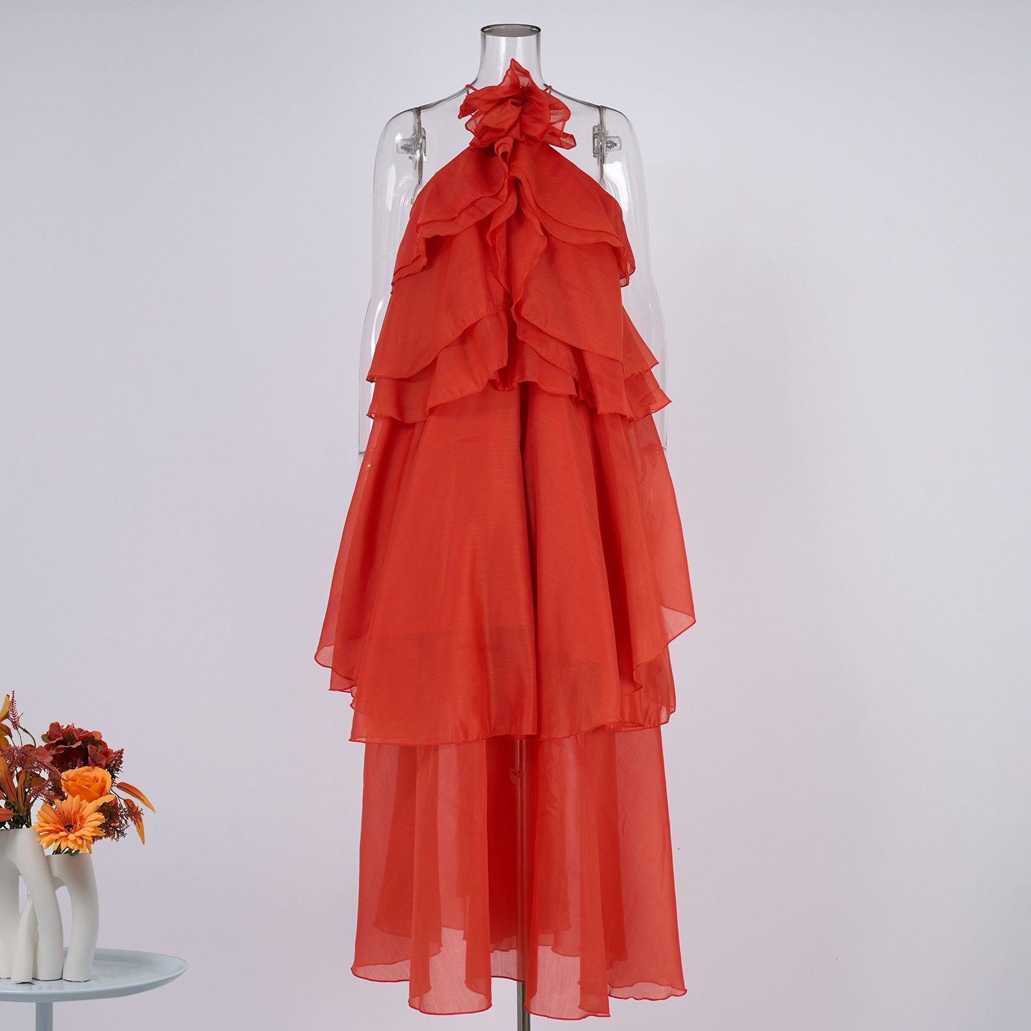 Backless Ruffle Hem Maxi Dress Elegant Floral Embellishments Vacation Style Wholesale Available