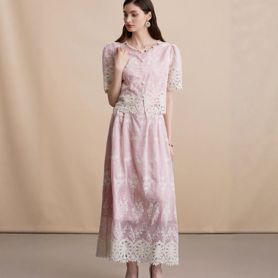 Vintage Ethnic Style Hollow Out Crochet Design Womens Summer Set Short Sleeve Shirt High Waist Slimming Skirt Casual